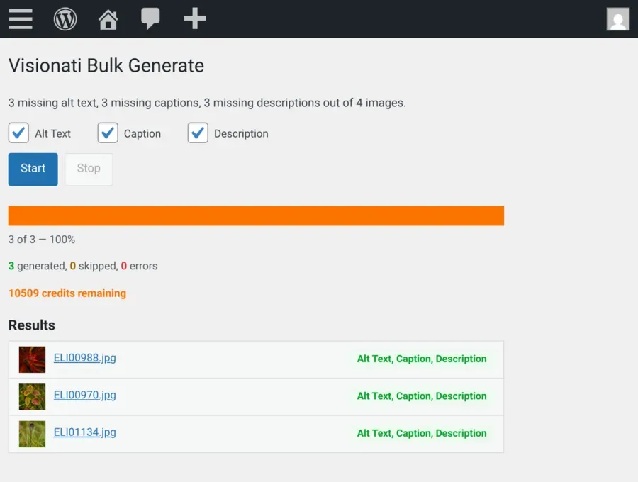 Visionati Bulk Generate page with progress bar and results log
